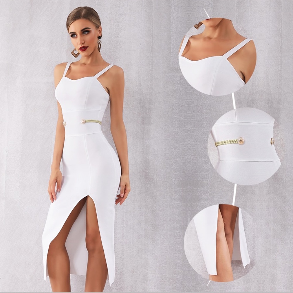 🎥 Bandage Embellished Bodycon Midi Dress in White - Picture 3 of 12